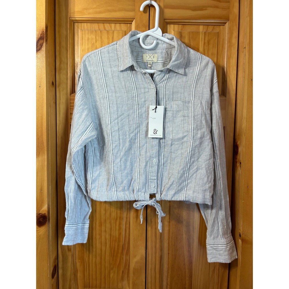 T & S Women's XS Cropped Button Front Shirt Gray Striped Long Sleeve Tie Hem NWT